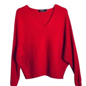 Lauren Ralph Lauren Sweater Women XL Red Excellent Dolman V-Neck‎ Ribbed Knit